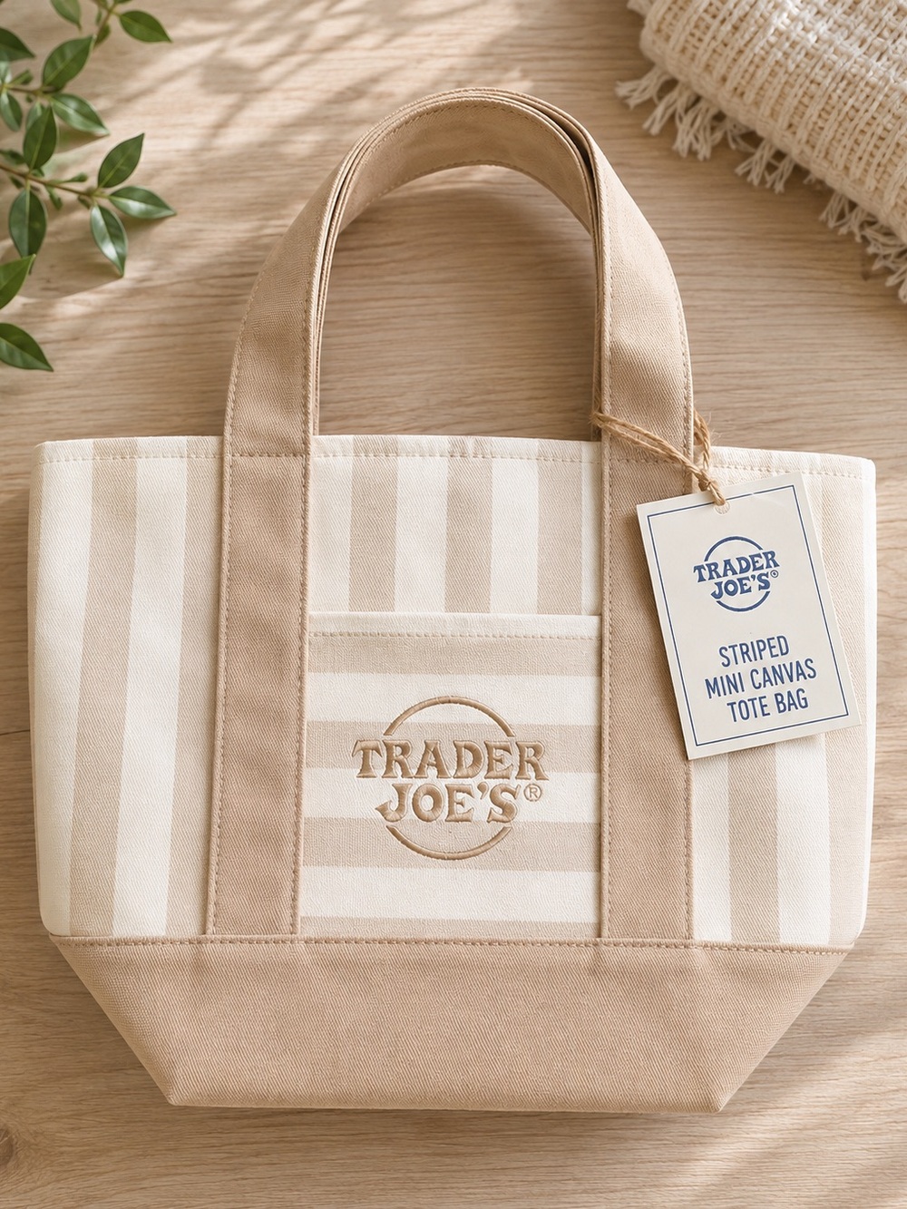 Adorable Trader Joe’s Striped Mini Canvas Tote Bag in the neutral beige/cream co